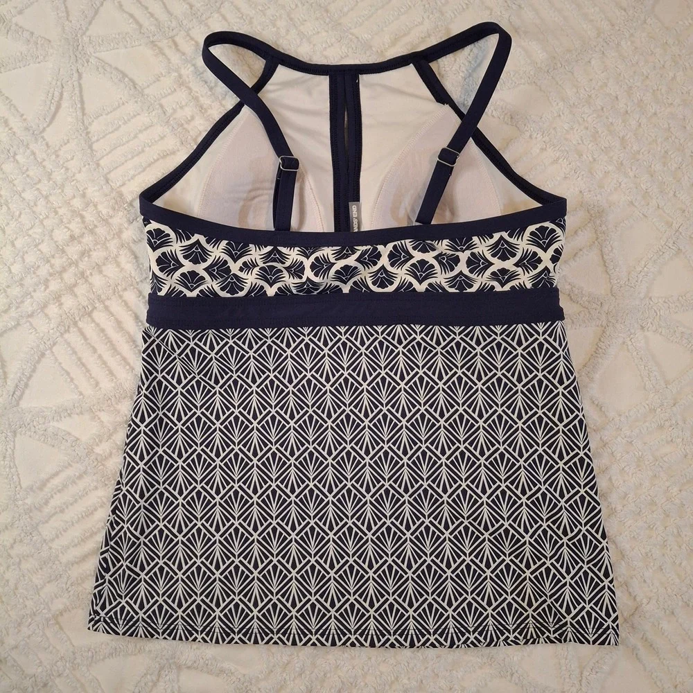 Lands' End Womens 8 Tankini Top Navy Blue White Geometric High Neck Keyhole